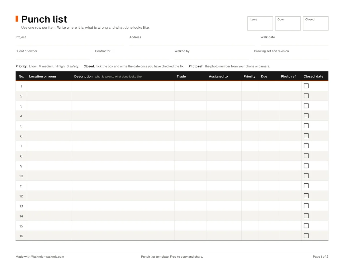 Punch list template with columns for room, trade, photo and status