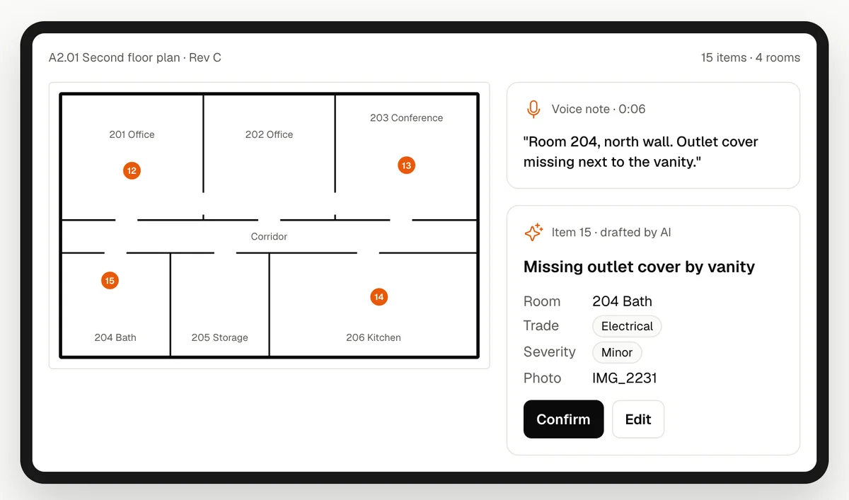 Design preview of Walkmic on an iPad: a second floor plan with numbered pins next to a drafted report entry for Room 204